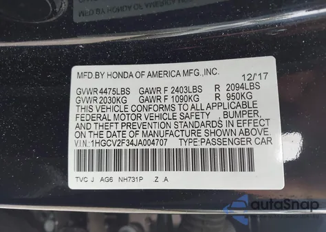 2018 Honda Accord Sport 2.0T z USA, uszkodzony, nr VIN 1HGCV2F34JA004707